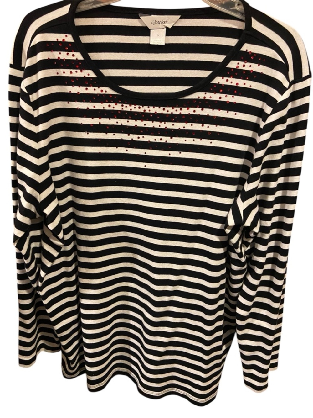 CJ Banks black and white striped red rhinestone 100% cotton long sleeve shirt 1X
